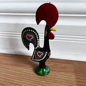 Decor Rooster Painted Hearts Portugal Black Red 6" Tall